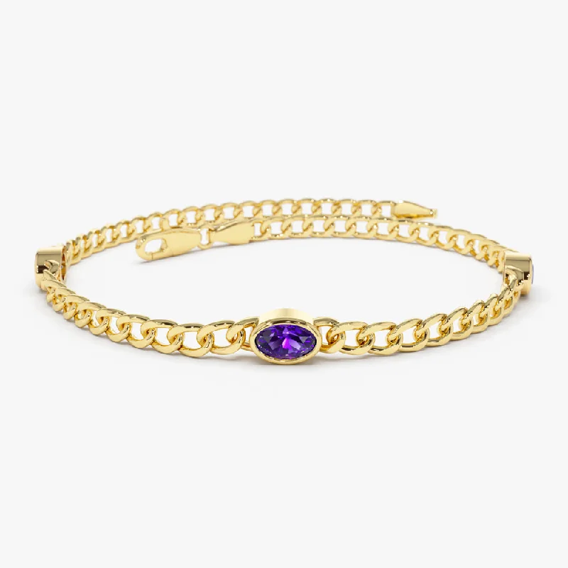 eleven-stone cuff bracelet-eleven-stone cuff bracelet-Nonagonal stone bracelet-14k Cuban Link Bracelet w/ Bezel Setting Amethyst