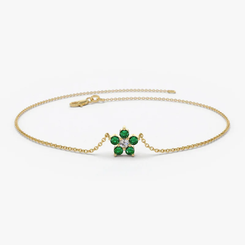 modern contoured chain bracelet-modern contoured chain bracelet-Tucked seam bracelet-14K Emerald and Diamond Flower Charm Bracelet