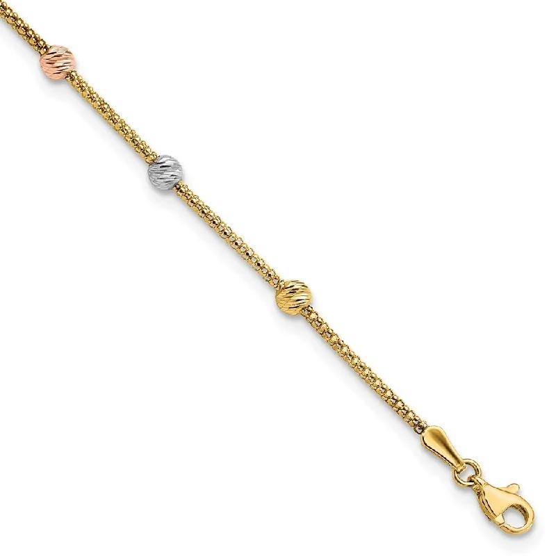 modern layered chalcedony bracelet-modern layered chalcedony bracelet-Vedic gold bracelet-14k Tri-color Diamond-cut 7-Station Bead and Chain Bracelet, 7.25" (W-4mm)