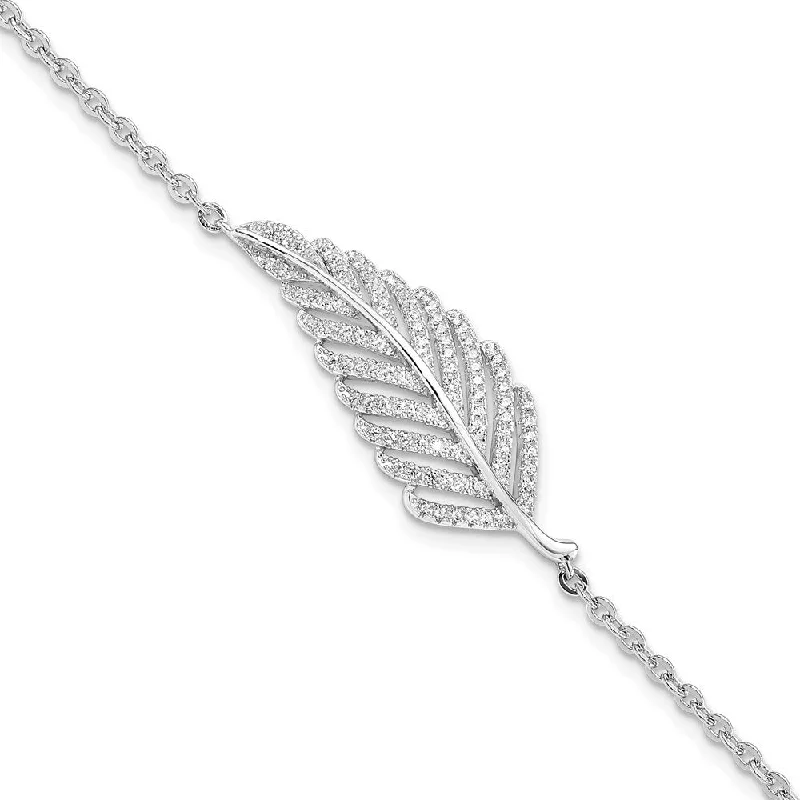 tarnished silver charm bracelet-tarnished silver charm bracelet-High bezel bracelet-925 Sterling Silver Brilliant Embers Rhodium-plated Cubic Zirconia Feather Bracelet, 7" w/1in Extender