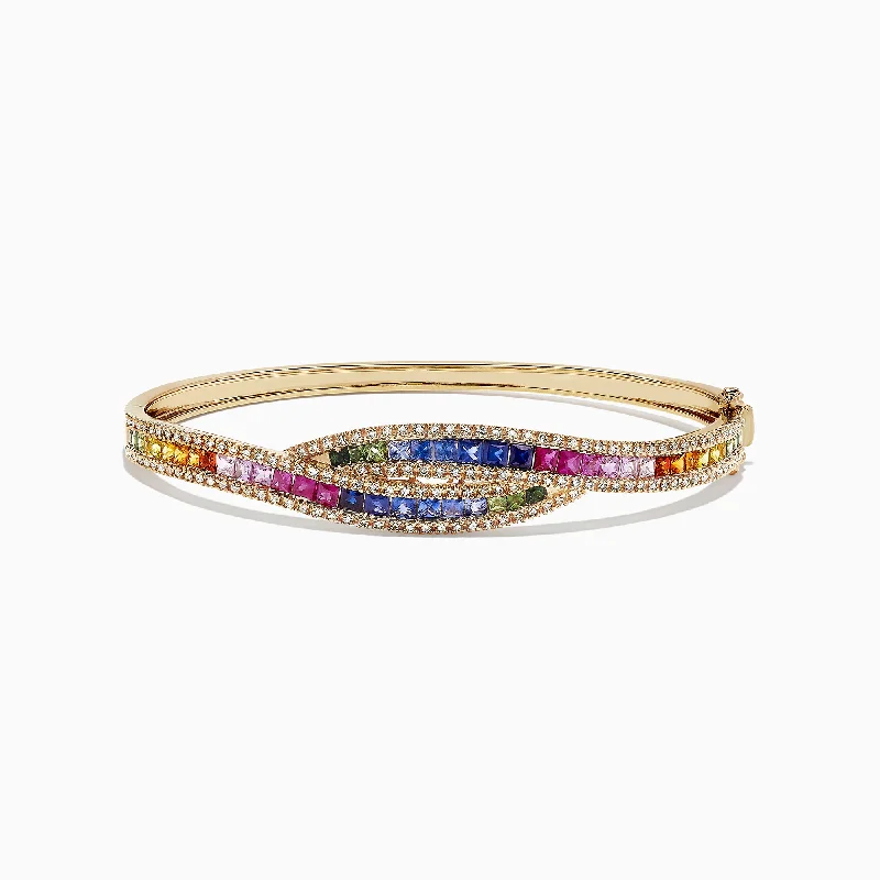 floral prong ruby bracelet-floral prong ruby bracelet-Scarred finish bracelet-Watercolors 14K Gold Multi Sapphire and Diamond Bangle, 4.17 TCW