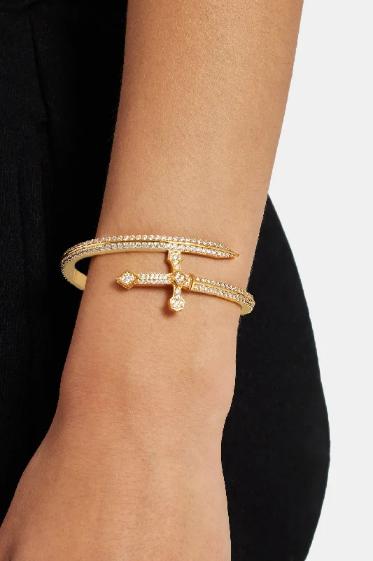 artisan-crafted gold bracelet-artisan-crafted gold bracelet-Jute wrap bracelet-Gold Plated Iced CZ Pave Cross Bangle