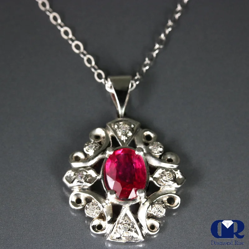 inscribed eternity pendant necklace-Raised gem necklace-1.15 Ct Ruby & Diamond Pendant Necklace 14K With 16" Chain