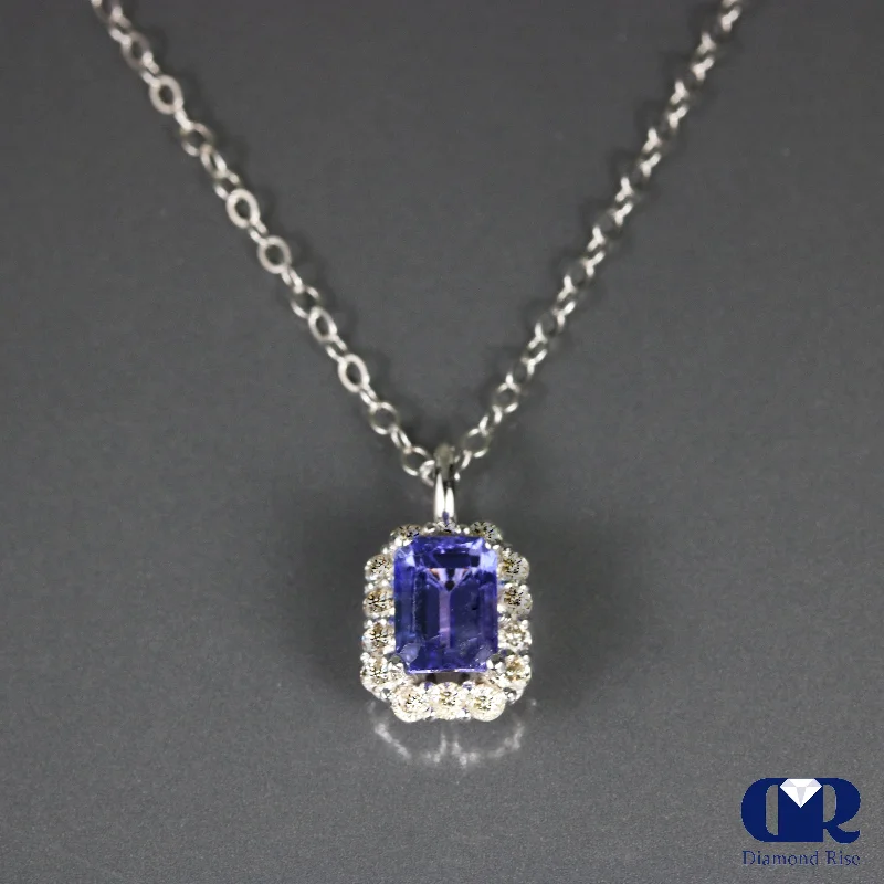 gothic-inspired panther claw necklace-Mist glass necklace-1.50 Carat Tanzanite & Diamond Pendant Necklace 14K Gold With 16" Chain