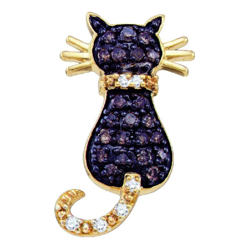 vintage-style peridot necklace-Fuchsia garnet necklace-10k Yellow Gold Brown Diamond Kitty Cat Womens Pendant 1/3 Cttw