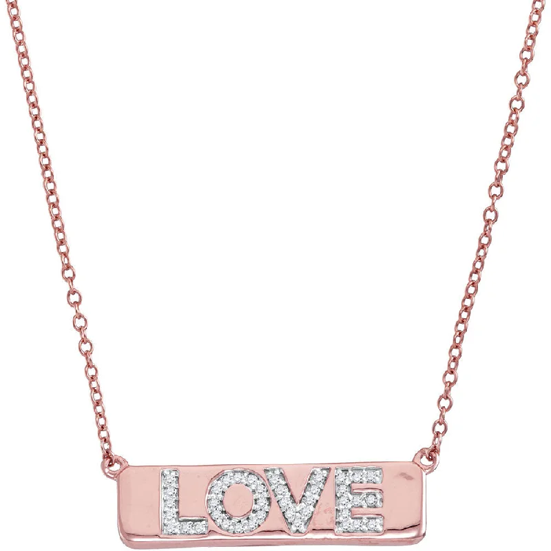 vintage-style emerald necklace-Layer pattern necklace-10kt Rose Gold Womens Round Diamond Pink Love Bar Pendant Necklace with 18" Chain 1/8 Cttw