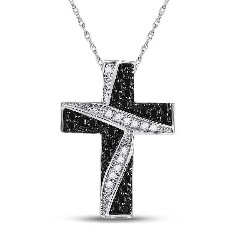 vintage-inspired sapphire necklace-Mixed texture necklace-10kt White Gold Womens Round Black Color Enhanced Diamond Cross Pendant 1/4 Cttw