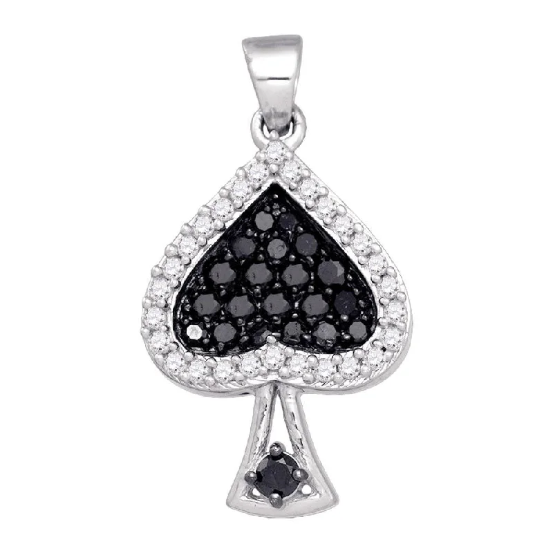 vintage-style peridot necklace-Snapped chain necklace-10kt White Gold Womens Round Black Color Enhanced Diamond Spade Cluster Pendant 1/2 Cttw