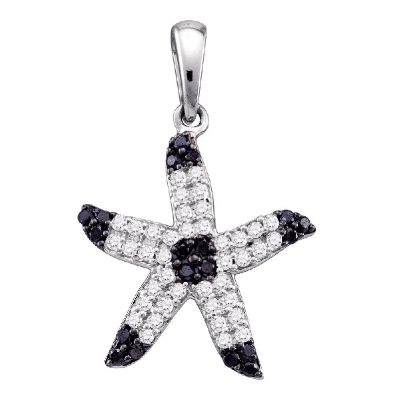 matte silver stellar necklace-Satin weave necklace-10kt White Gold Womens Round Black Color Enhanced Diamond Starfish Animal Pendant 1/3 Cttw