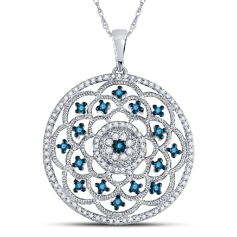 bohemian ridge apex necklace-Symbol code necklace-10kt White Gold Womens Round Blue Color Enhanced Diamond Circle Pendant 1/2 Cttw