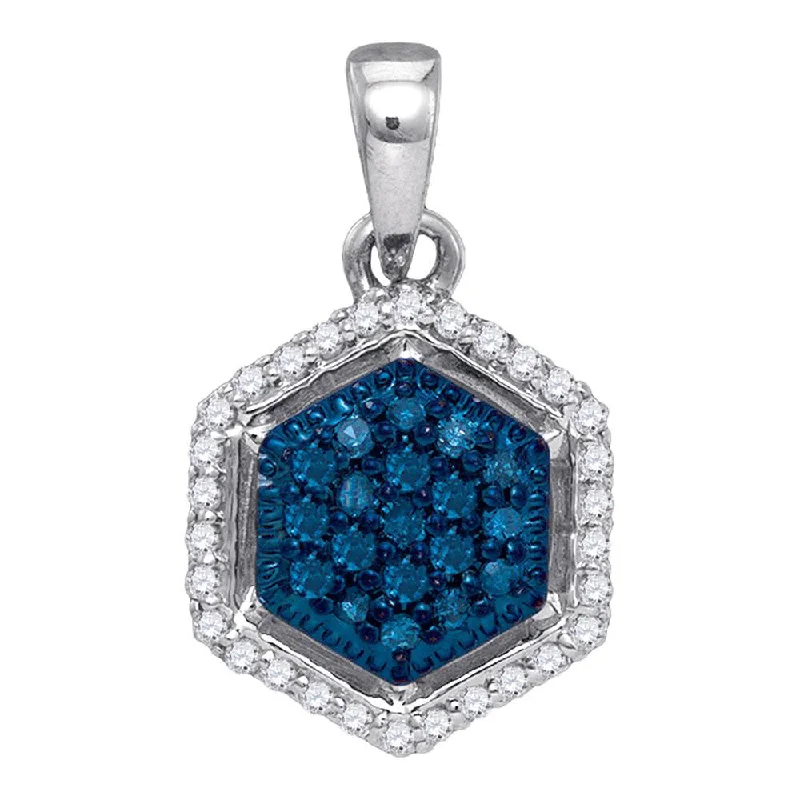 nature-themed crest ridge necklace-Carved pattern necklace-10kt White Gold Womens Round Blue Color Enhanced Diamond Hexagon Cluster Pendant 1/5 Cttw