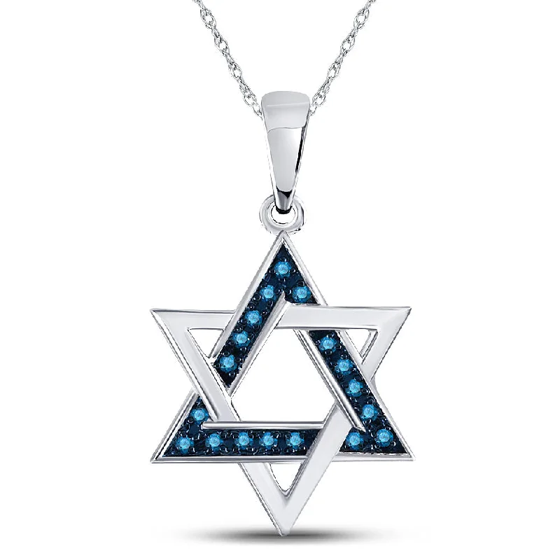 bold sapphire summit apex necklace-Raised scale necklace-10kt White Gold Womens Round Blue Color Enhanced Diamond Magen David Star Pendant 1/10 Cttw