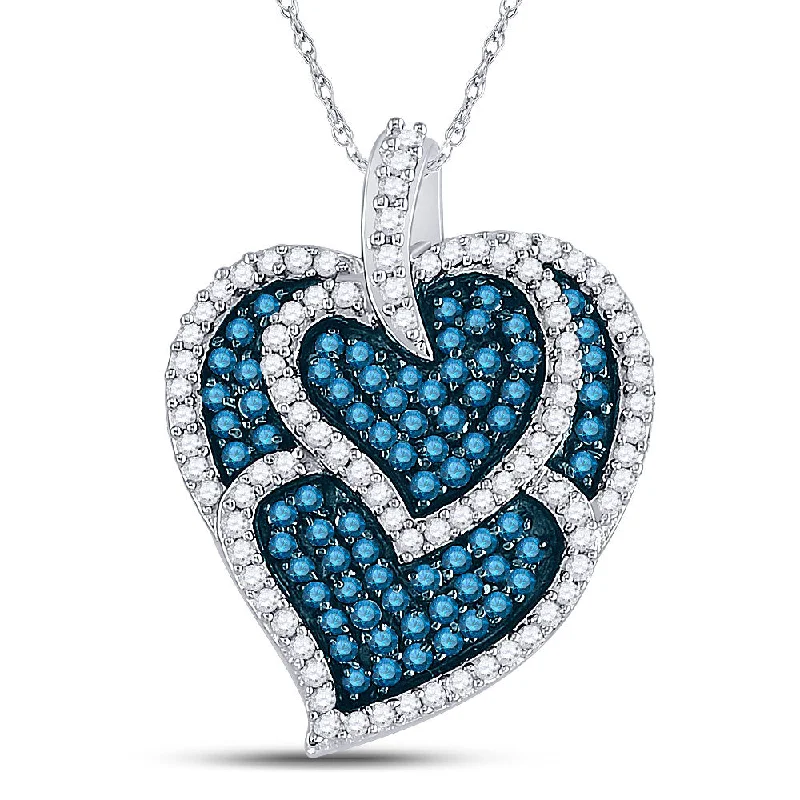 bold opal prong necklace-Relic mine necklace-10kt White Gold Womens Round Blue Color Enhanced Diamond Tripled Heart Outline Pendant 1 Cttw