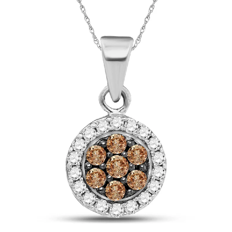 modern sleek crest apex necklace-Velvet wrap necklace-10kt White Gold Womens Round Brown Diamond Framed Flower Cluster Pendant 3/8 Cttw