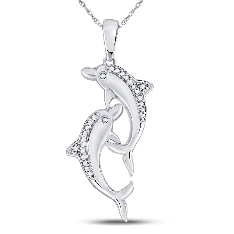 tarnished silver pendant necklace-High bezel necklace-10kt White Gold Womens Round Diamond Dolphin Nautical Animal Pendant 1/12 Cttw