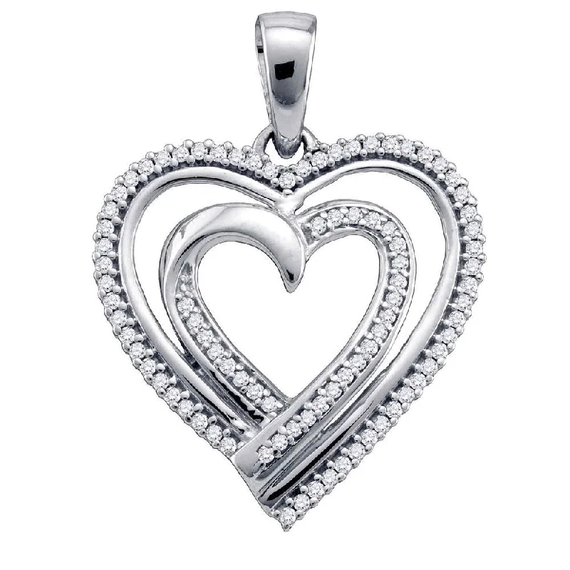 bold sapphire summit apex necklace-Basket weave necklace-10kt White Gold Womens Round Diamond Double Nested Heart Pendant 1/4 Cttw