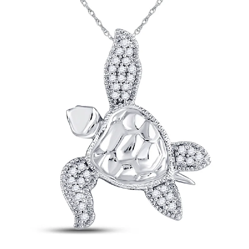 eleven-stone drop necklace-Nonagonal stone necklace-10kt White Gold Womens Round Diamond Turtle Tortoise Animal Pendant 1/10 Cttw