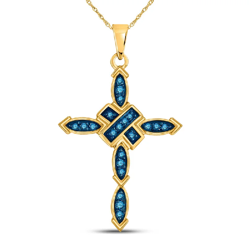 vintage-style emerald necklace-Layer pattern necklace-10kt Yellow Gold Womens Round Blue Color Enhanced Diamond Cross Pendant 1/5 Cttw