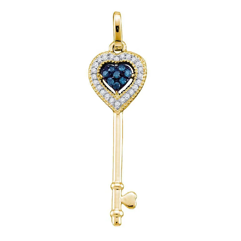 gothic-inspired hawk talon necklace-Bunched gem necklace-10kt Yellow Gold Womens Round Blue Color Enhanced Diamond Key Love Pendant 1/10 Cttw