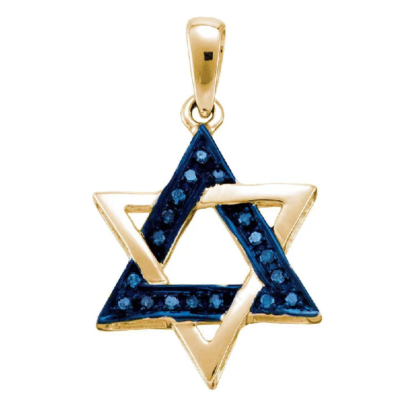 modern sleek crest ridge necklace-Horn ridge necklace-10kt Yellow Gold Womens Round Blue Color Enhanced Diamond Magen David Star Pendant 1/10 Cttw