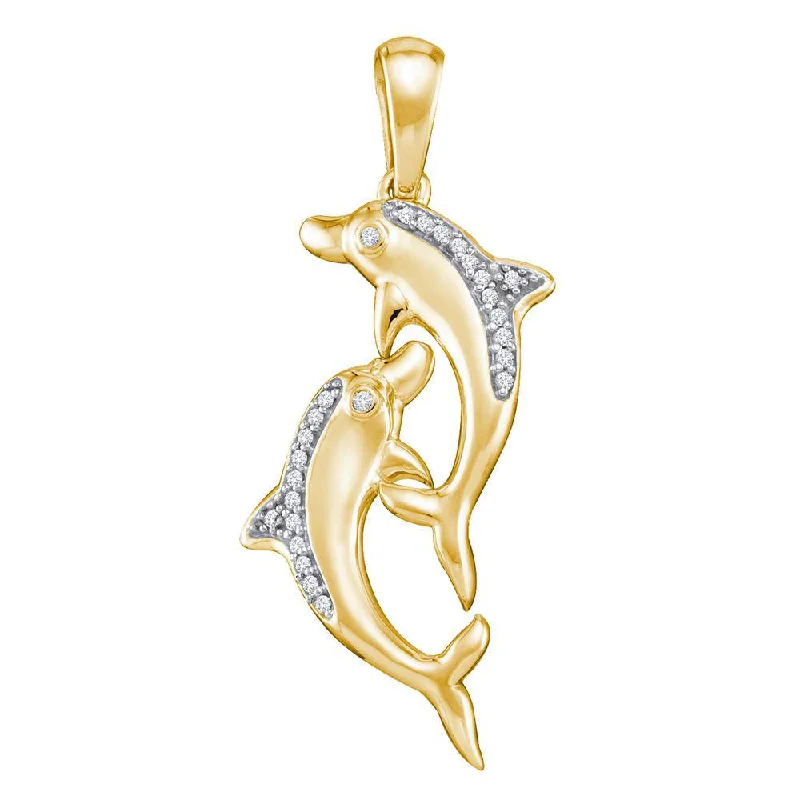 art deco jade necklace-Dual alloy necklace-10kt Yellow Gold Womens Round Diamond Dolphin Nautical Animal Pendant 1/12 Cttw