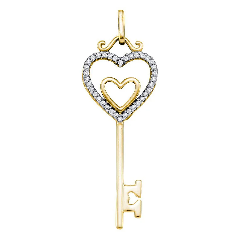 tarnished gold stack necklace-Faded edge necklace-10kt Yellow Gold Womens Round Diamond Heart Key Pendant 1/10 Cttw