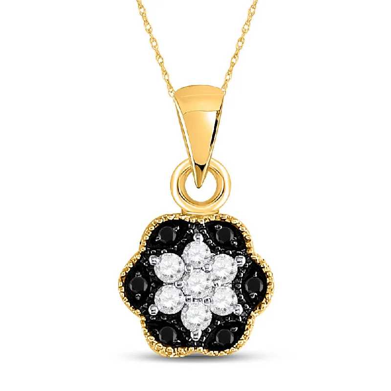 gothic-inspired bat claw necklace-Tiered cut necklace-14kt Yellow Gold Womens Round Black Color Enhanced Diamond Hexagon Cluster Pendant 1/5 Cttw