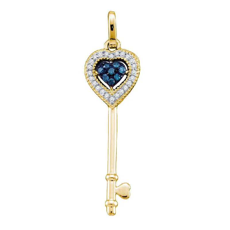 tarnished silver pendant necklace-High bezel necklace-14kt Yellow Gold Womens Round Blue Color Enhanced Diamond Key Love Pendant 1/10 Cttw