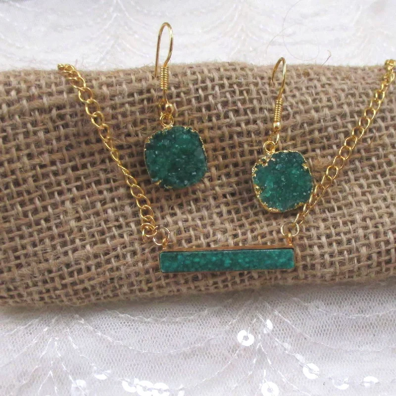 inscribed tradition pendant necklace-Bamboo chain necklace-Emerald Green  Druzy Bar Pendant on Gold Chain Necklace & Earrings