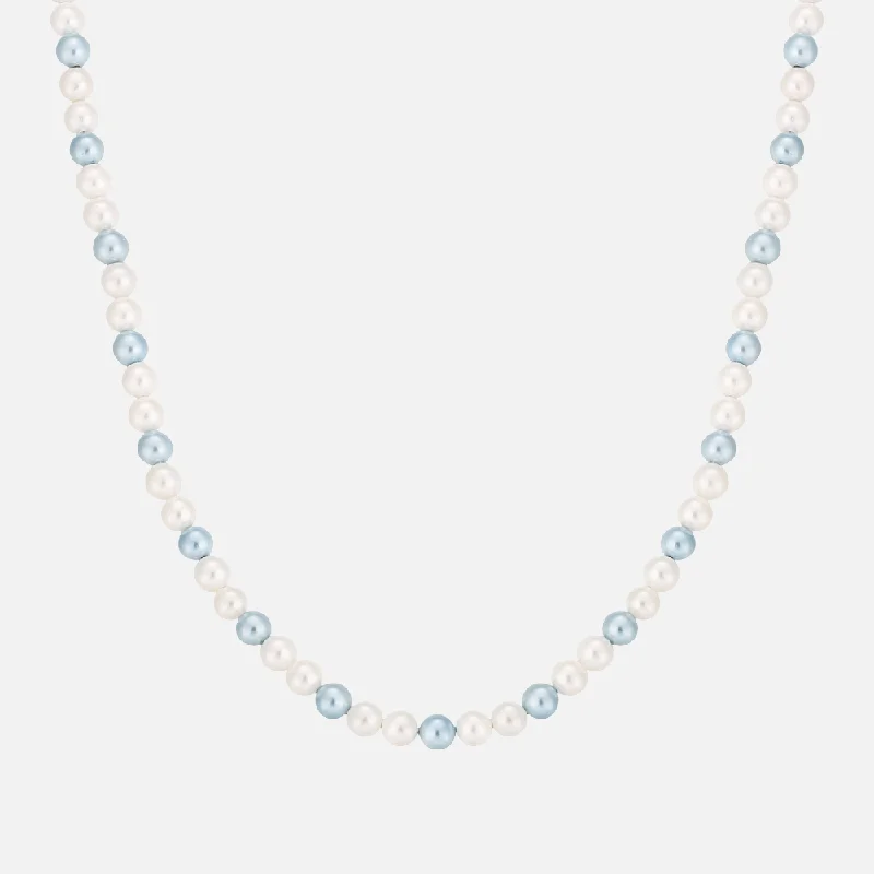 rustic opal beaded necklace-Pewter cast necklace-"BLEUE" 5MM PEARL CHAIN