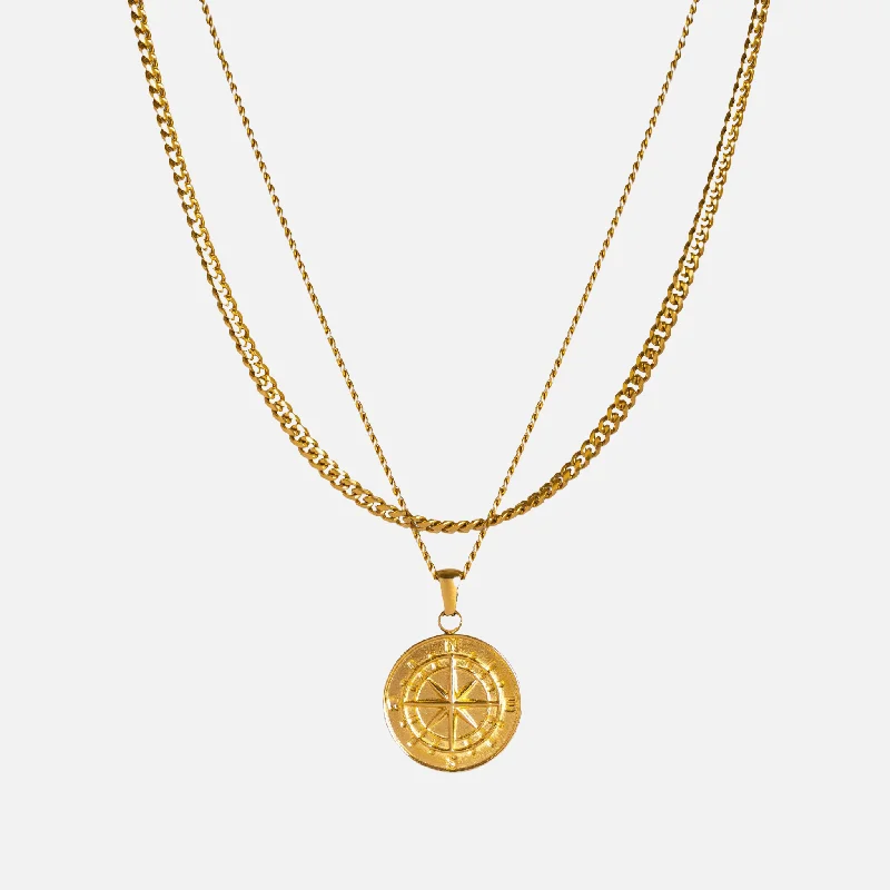 modern sleek peak summit necklace-Coarse texture necklace-Curb Chain Compass Pendant Full Set - Gold