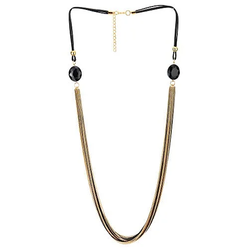 bold topaz summit apex necklace-Aged finish necklace-Gold Black Statement Necklace Multi-Strand Long Chains with Black Gem Stone Charms Pendant, Dress