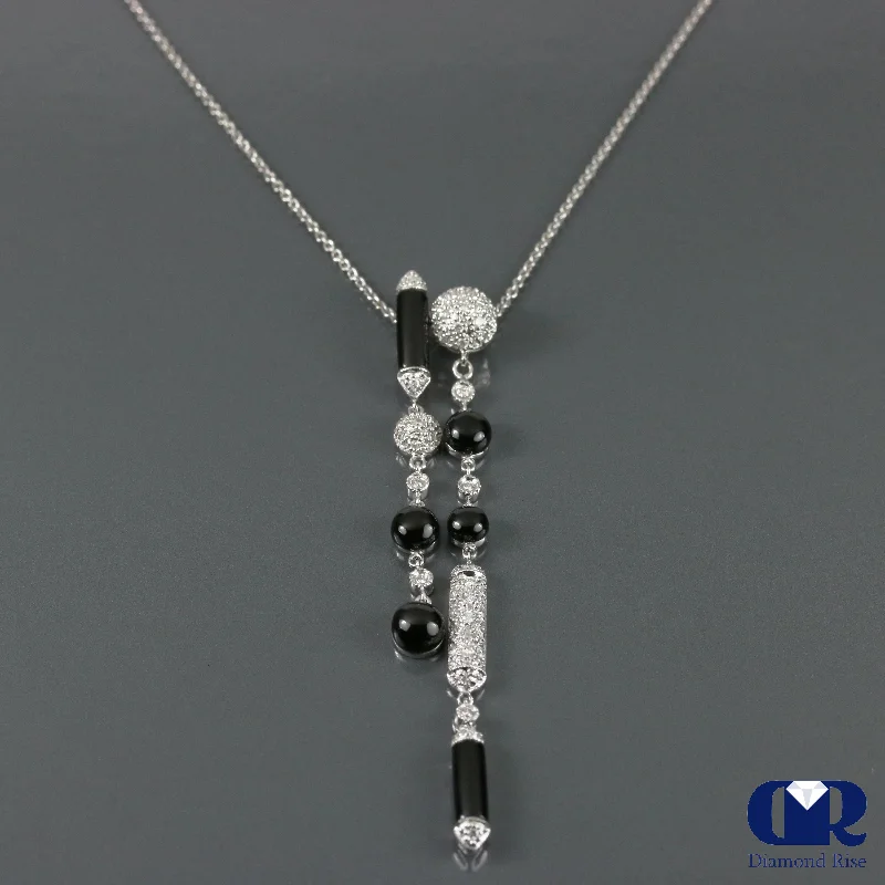 matte silver layer necklace-Solar glow necklace-Diamond & Onyx Pendant Necklace In 18K White Gold With 16" Chain