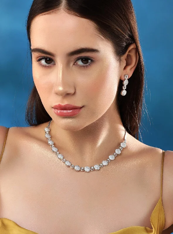 vintage-inspired chalcedony necklace-Tail fluke necklace-Rubans Rhodium-plated Premium white Zircons studded Pave Patterned Statement Jewellery set