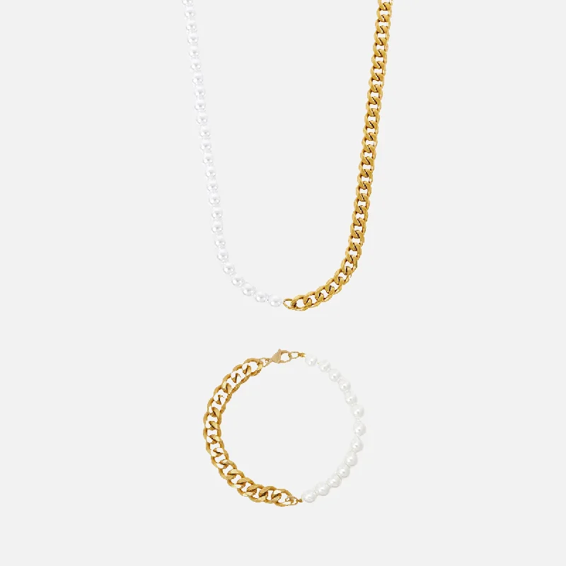 minimalist peak apex necklace-Art deco style necklace-Pearl Cuban Chain Set - Gold