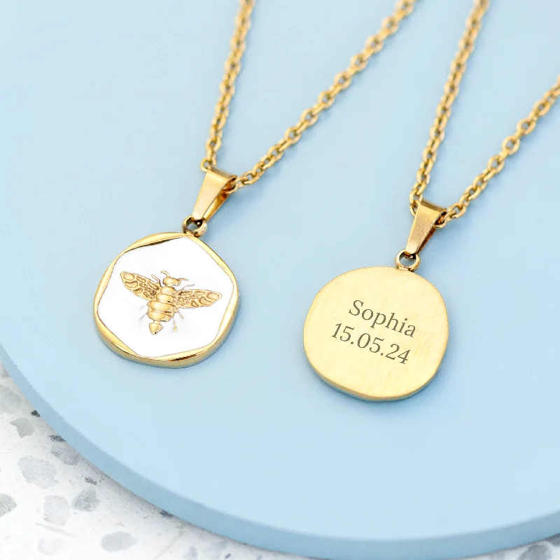 inscribed devotion chain necklace-Oak nut necklace-Personalised Honey Bee Pendant and Necklace