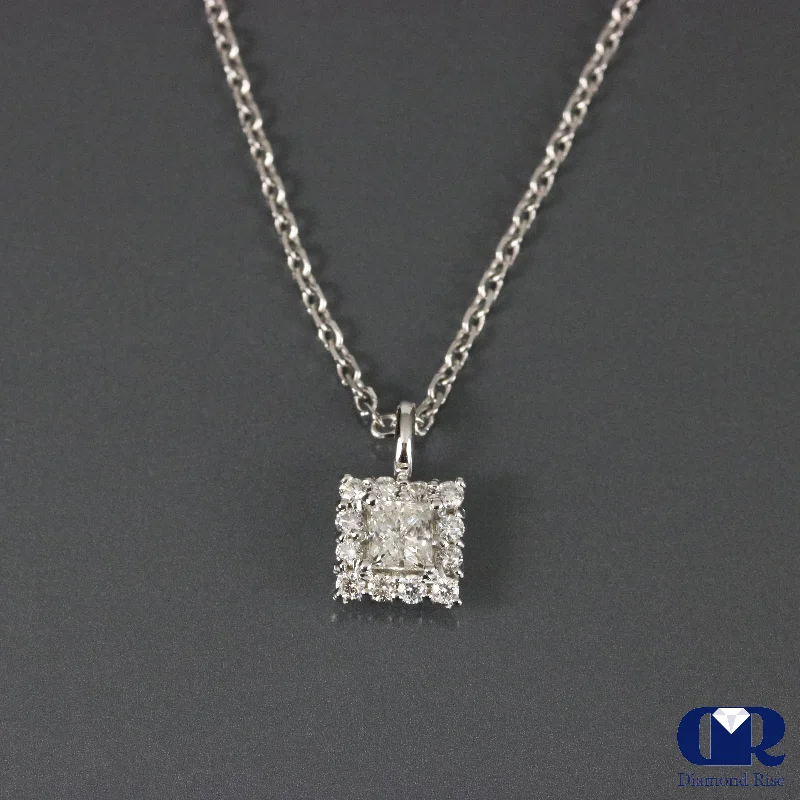 minimalist crest summit necklace-Floral print necklace-Princess Cut Diamond Pendant In 14K White Gold With 16" Chain