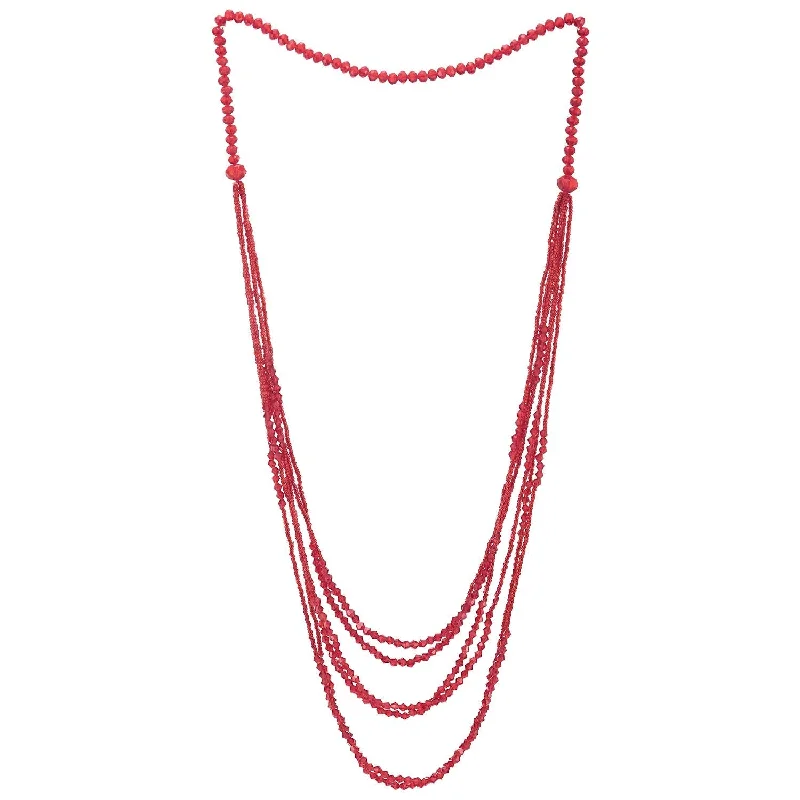 artisan-crafted silver necklace-Faint color necklace-Red Beads Long Statement Necklace Multi-Strand Waterfall Chains with Crystal Beads Charms Pendant