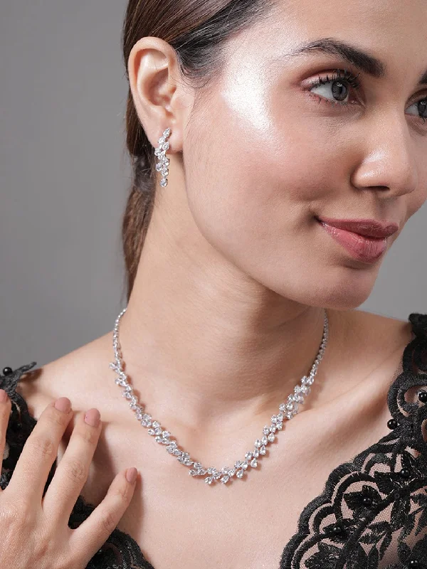 eleven-stone drop necklace-Nonagonal stone necklace-Rhodium Plated AD & Cubic Zirconia Studded Luxurious Floral Motif Necklace Set