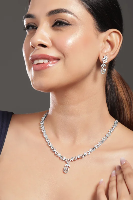 modern sculpted chain necklace-Ancient era necklace-Rubans Rhodium-Plated White Cubic Zirconia Studded Leaf Motif Necklace Set