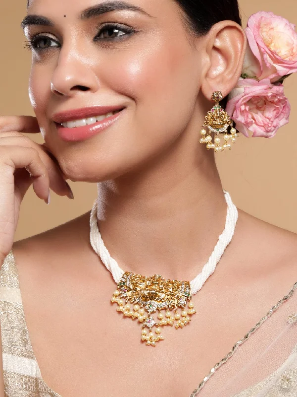 floral-inspired peridot necklace-Baroque twist necklace-Rubans 22K Gold-Plated Divine Lakshmi Motif Necklace Set with White Beads & Pearl Drops