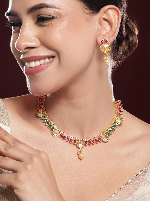 minimalist ridge apex necklace-Charcoal pearl necklace-Rubans 24K Gold-Plated Ruby Red & Emerald Green Kundan Studded Necklace Set with Pearl Drops