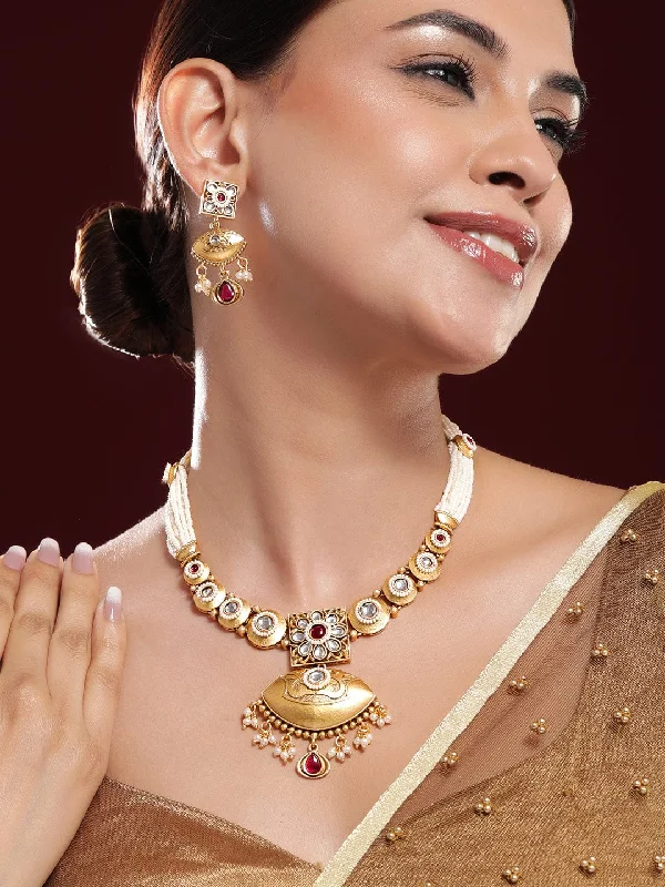 tarnished gold stack necklace-Faded edge necklace-Rubans 22K Gold-Plated Ruby, Kundan & Multi-Strand Pearl Bead Detailing Necklace Set