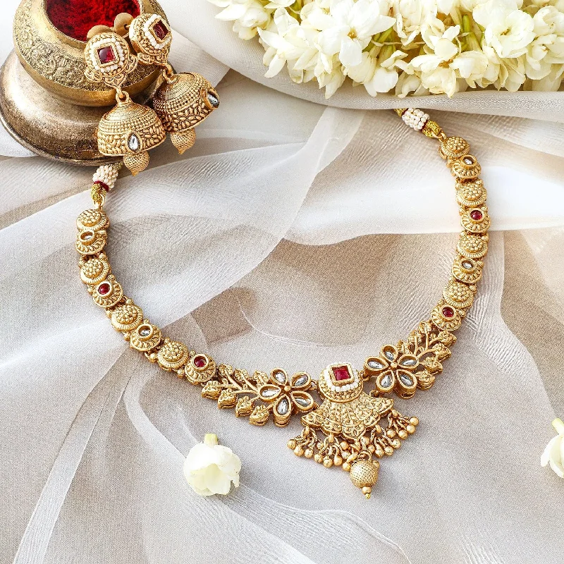 minimalist ridge summit necklace-Eddy swirl necklace-Rubans 24K Gold-Plated Ruby & Kundan Studded Floral Design Traditional Necklace Set with Jhumkas