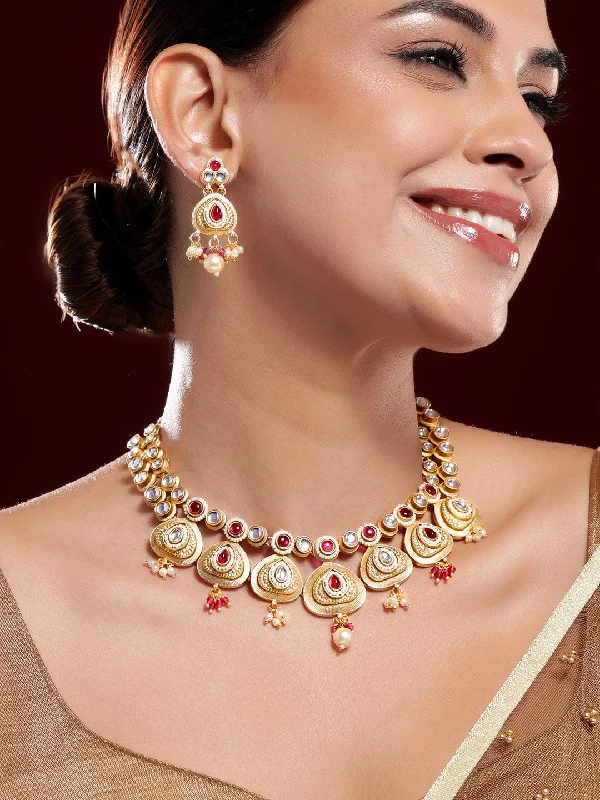 gothic-inspired tiger claw necklace-Buffed chain necklace-Rubans 22K Gold-Plated Ruby Pink & White Kundan Studded Traditional Necklace Set with Pearl Drops