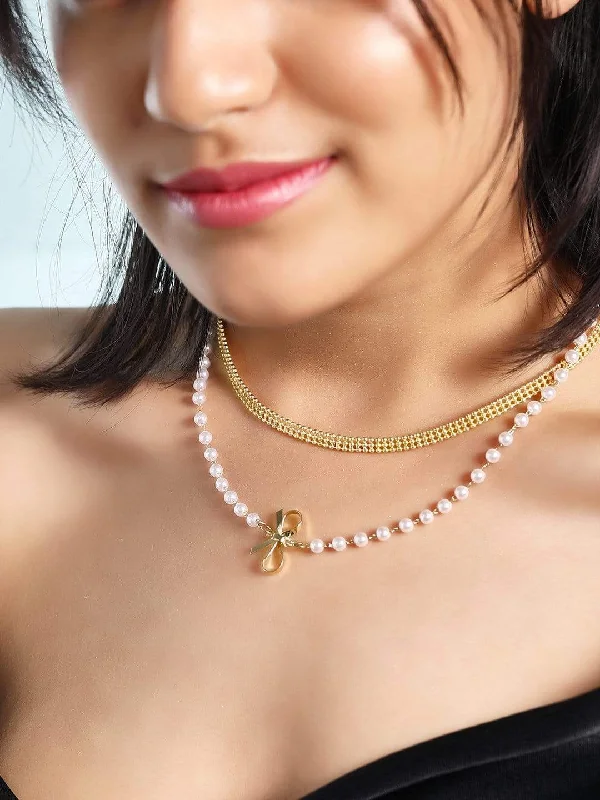 eleven-stone drop necklace-Nonagonal stone necklace-TOKYO TALKIES X Rubans Gold Plated Handcrafted  Pearls Necklace