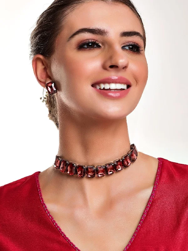 modern sculpted chain necklace-Ancient era necklace-Rubans Black & Maroon Stone Studded Jewellery Set