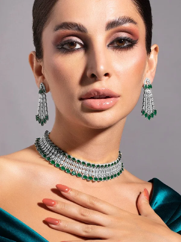 luxurious radiant-cut pendant necklace-Enamel chain necklace-Rubans Rhodium-Plated Emerald Green & White Cubic Zirconia Studded Choker Necklace Set