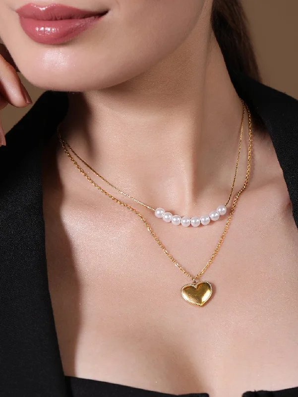 bold ruby summit apex necklace-Lacquered finish necklace-Rubans Voguish 18K Gold Plated Stainless Steel Tarnish-Free Pearl & Heart Layered Necklace