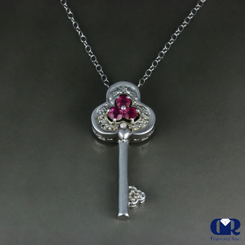 adjustable blaze necklace-Sculpted cut necklace-Ruby & Diamond Key Pendant Necklace In 14K Gold